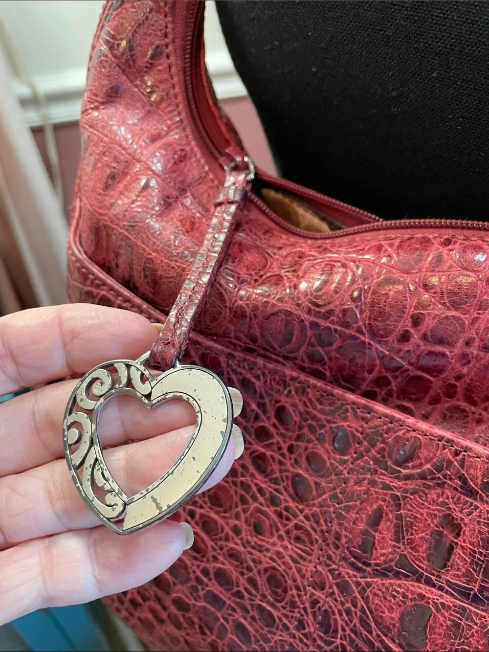Red Textured Brighton Shoulder Bag with Heart Charms